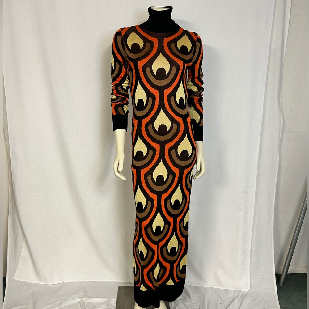 Paco Rabanne Orange and Brown Long Sleeve Maxi dress